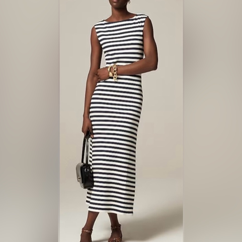 J.Crew Knit Boatneck Striped Ribbed Midi Dress Navy Ivory Breton Coastal Fitted